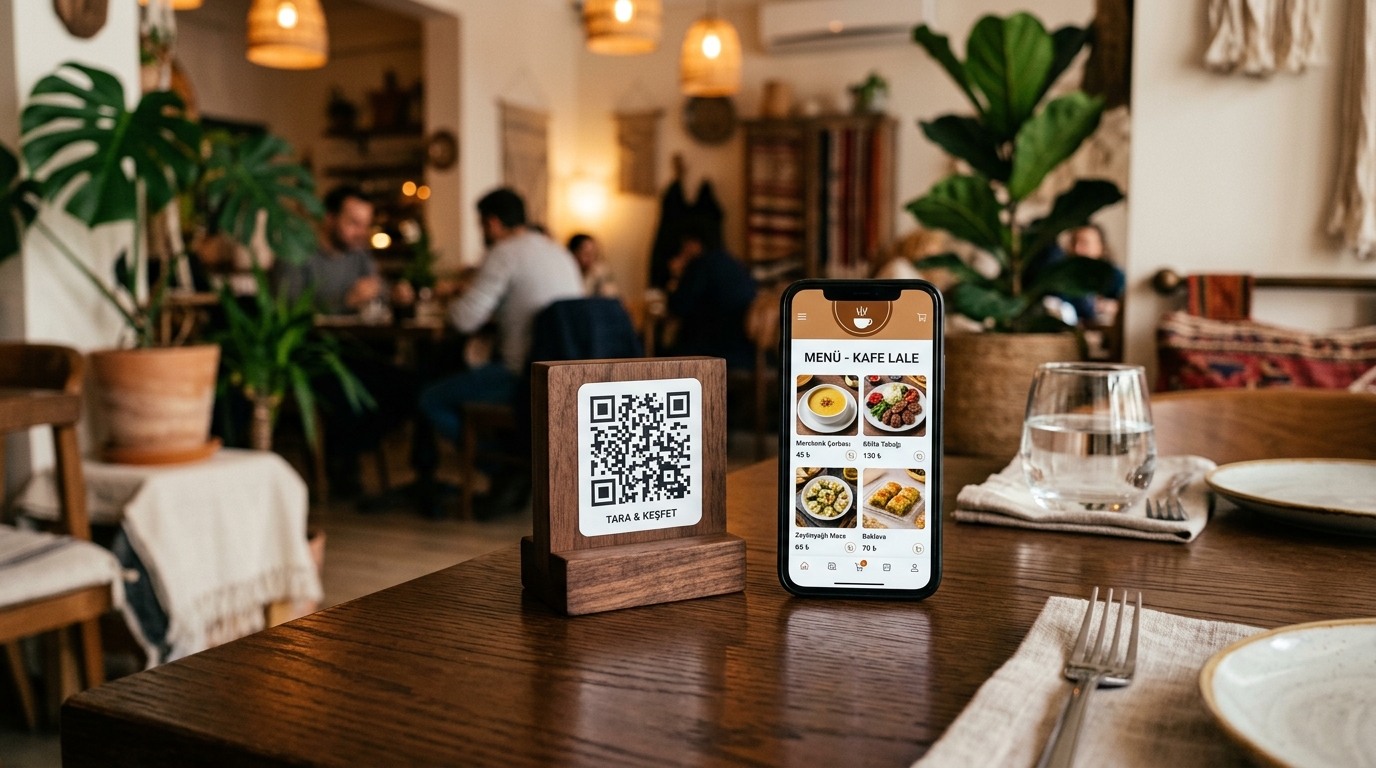 dijital restoran menüsü karekod standı ve akıllı telefon arayüzü
